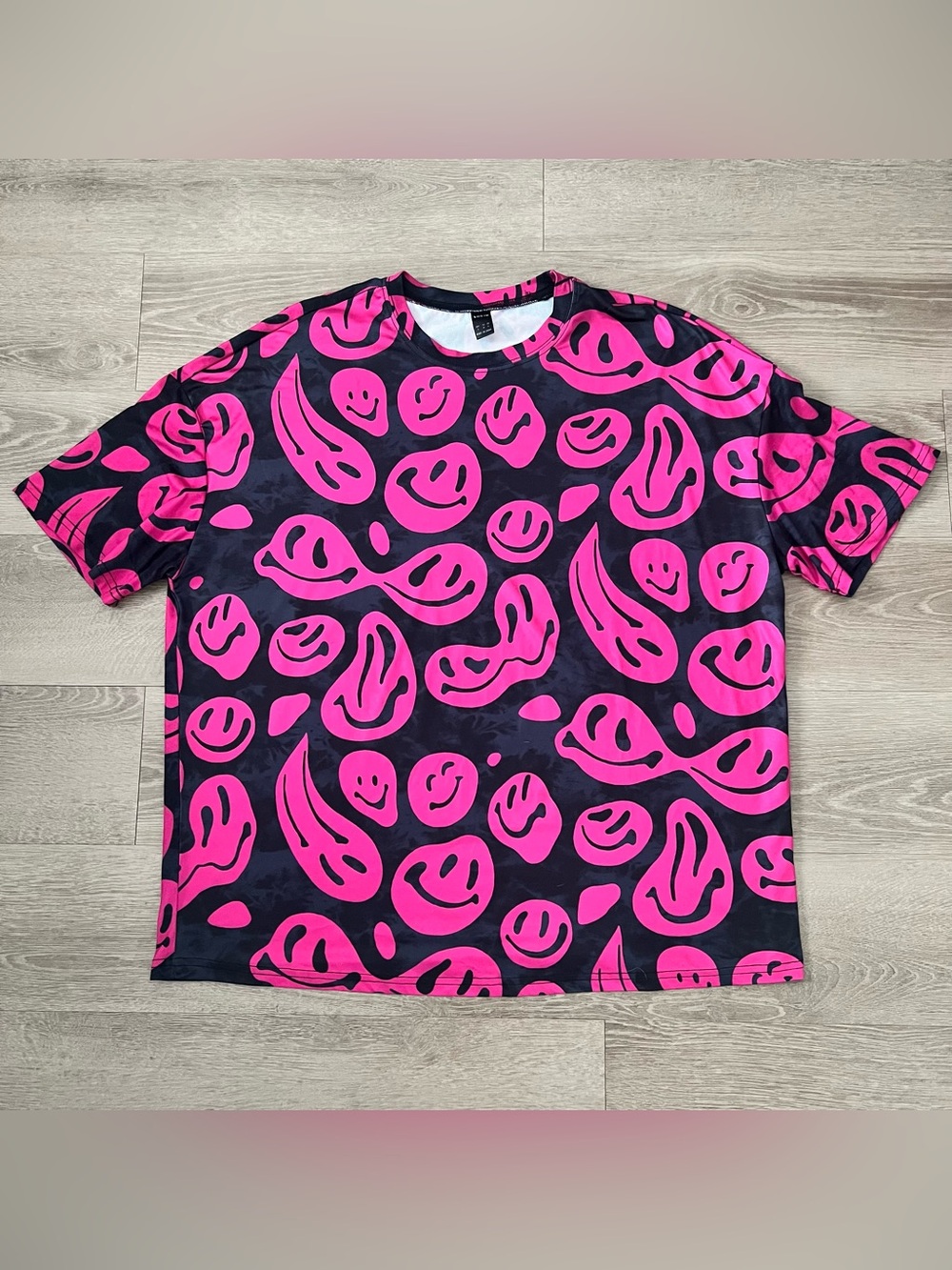 SHEIN Black Tee with Hot Pink Smiley Print